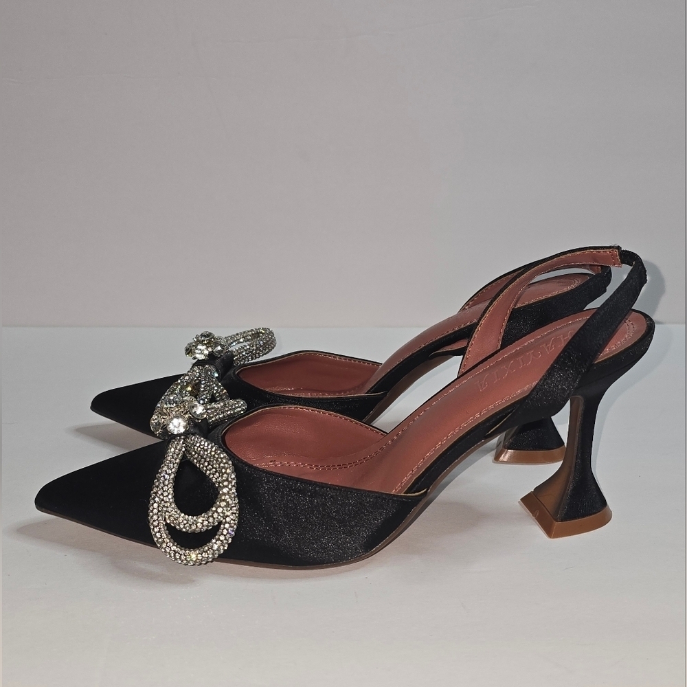 Hayixia Rhinestone Black Satin Heels w/Rhinestone Bow Size US 8 - Picture 3 of 6
